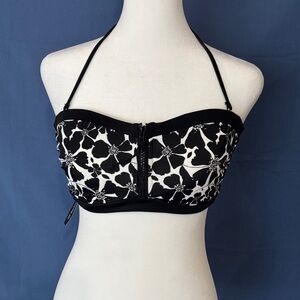 Adore Me Black and White Floral Zip-Front Bandeau Bikini Top